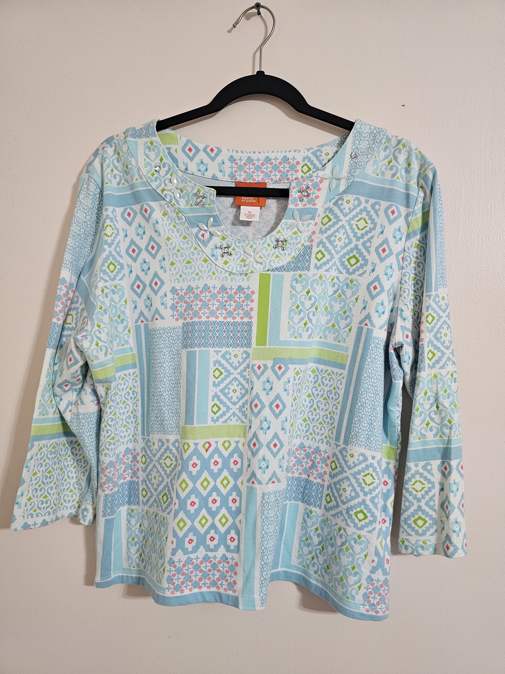 Hearts of Palm XL Turquoise Lime Geometric Patchwork Top Embellished Neckline